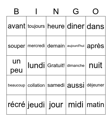 Quand est-ce? Bingo Card