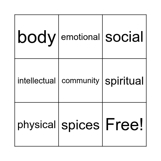 Spices of Life Bingo Card