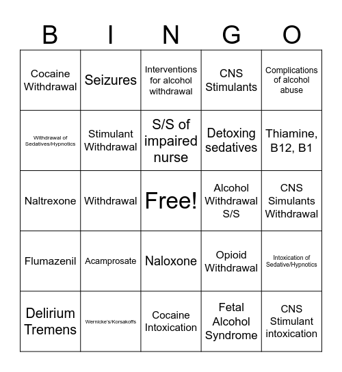 Substance Use Disorder Bingo Card