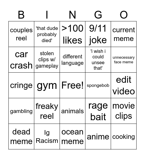 Insta reels bingo Card