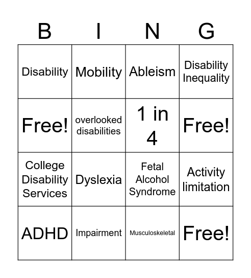 Disability Bingo Card