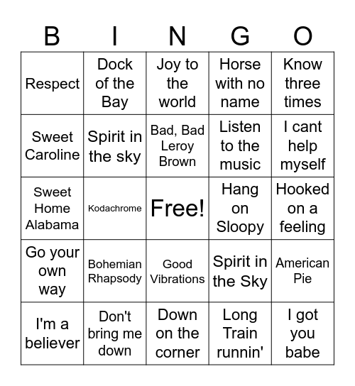 60's and 70's Sing Along Bingo Card