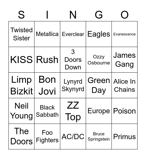 Rock & Roll Artists Bingo Card