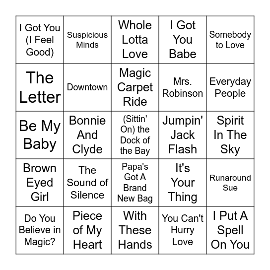 60's Classics Bingo Card