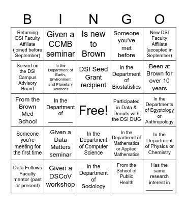 DSI Affiliated Faculty Mixer Bingo Card