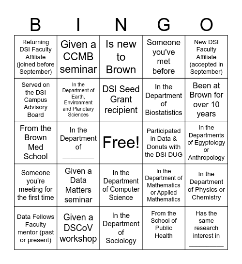 DSI Affiliated Faculty Mixer Bingo Card