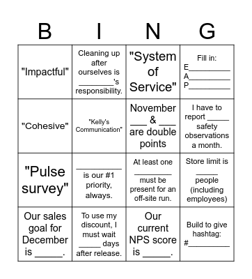 Woodfield Store Meeting 11/3/24 Bingo Card