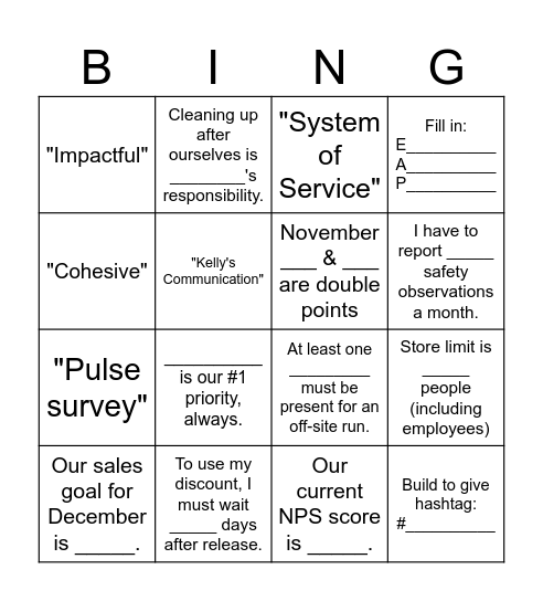 Woodfield Store Meeting 11/3/24 Bingo Card
