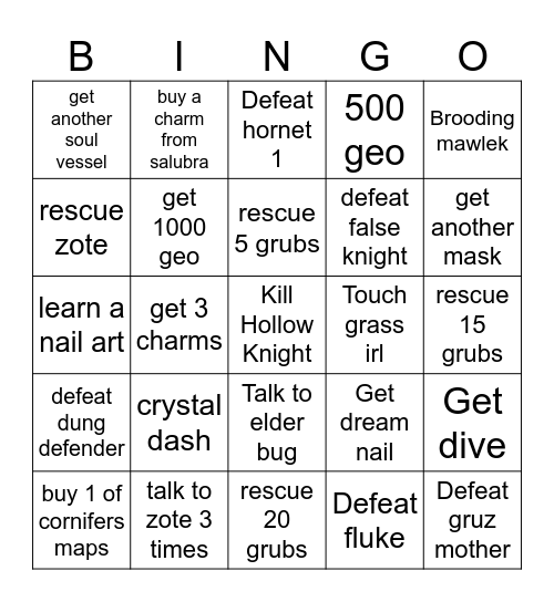 Hollow knight. Bingo Card