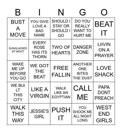 80's PARTY Bingo Card