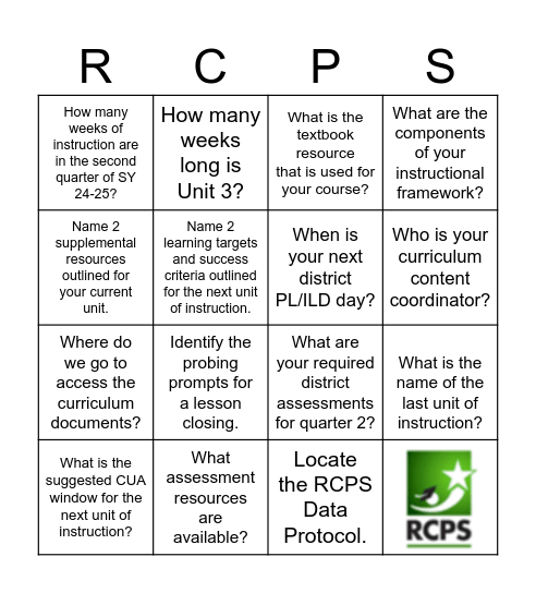 RCPS Curriculum Docs Bingo Card