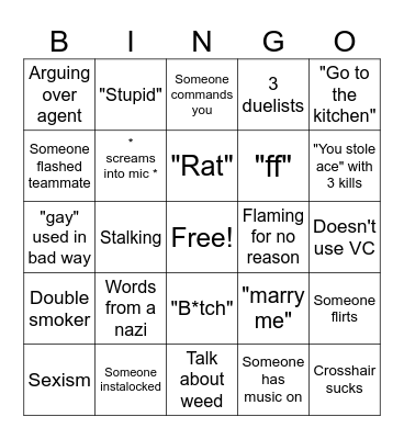 Valorant Girl Experience Bingo Card