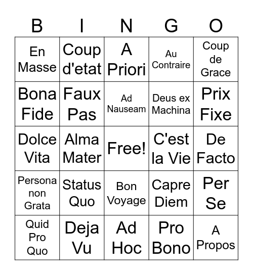 Foreign Bingo 1 Bingo Card