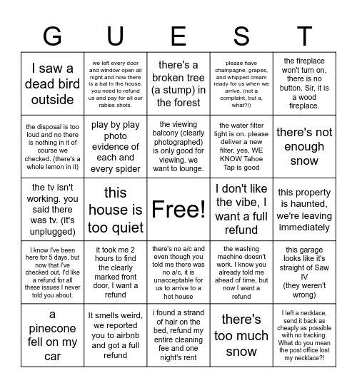 Best of Guest Complaints Bingo Card