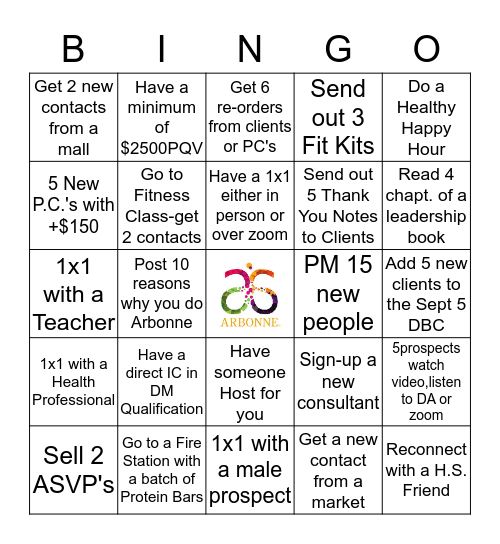 Arbonne Bingo - Aug 22-Sept 5 Bingo Card