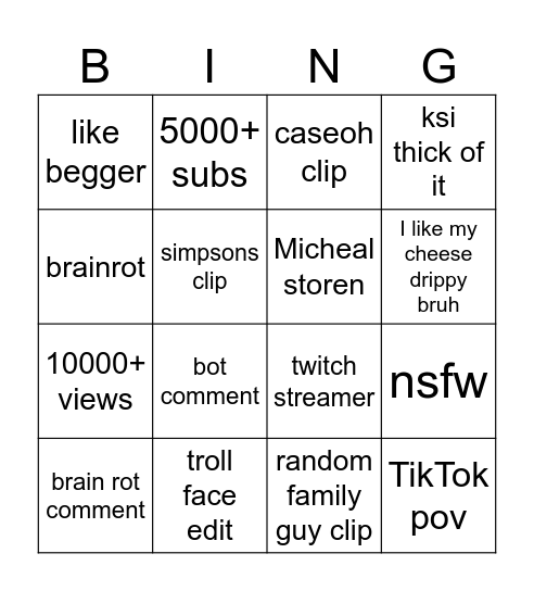 YouTube shorts bingo Card