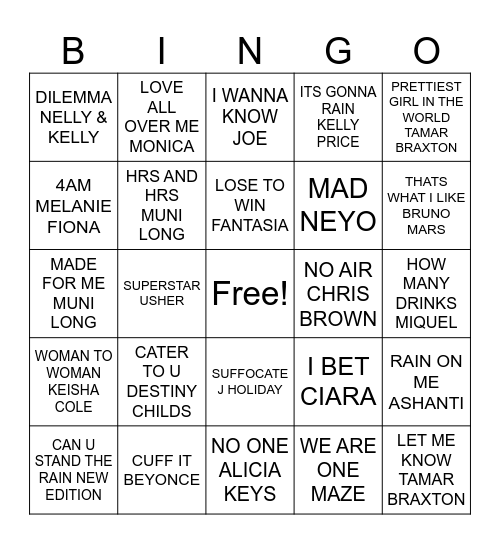 R & B Bingo Card