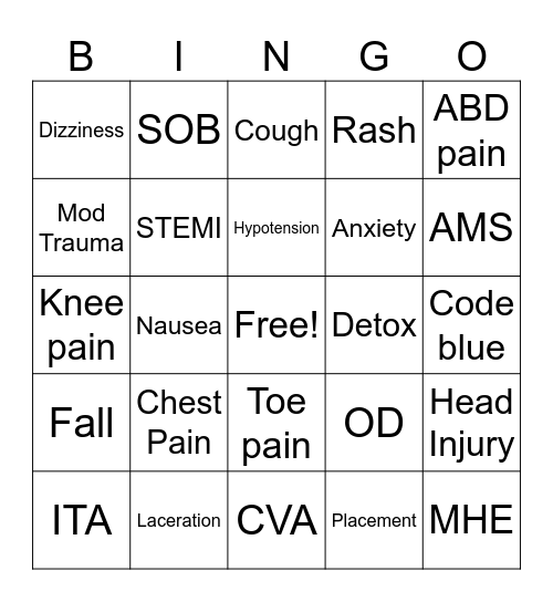 Chief Complaint Bingo Card