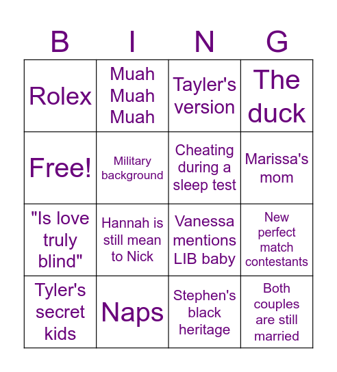 Love is Blind Reunion Bingo Card