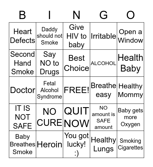 Alcohol, Tobacco and Drugs Bingo Card
