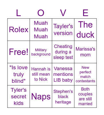 Love is Blind Reunion Bingo Card