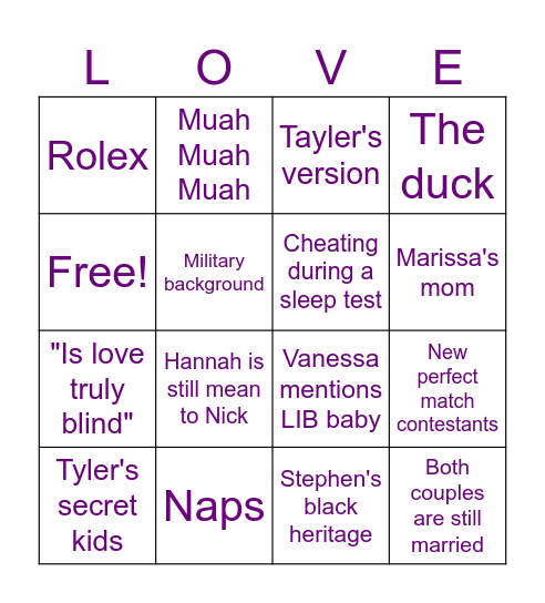 Love is Blind Reunion Bingo Card