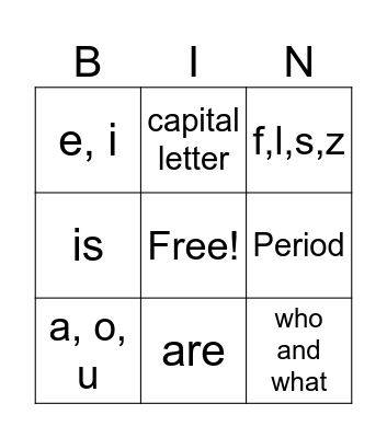 1st Grade Language Bingo Card