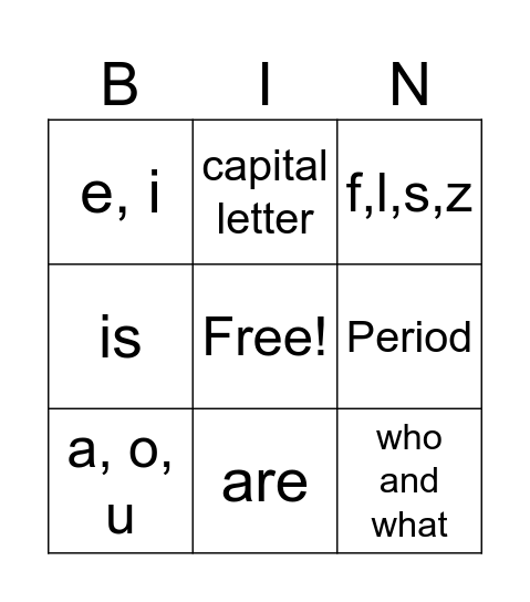 1st Grade Language Bingo Card
