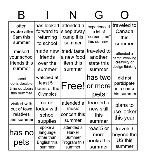 This summer and a few generic cards Bingo Card