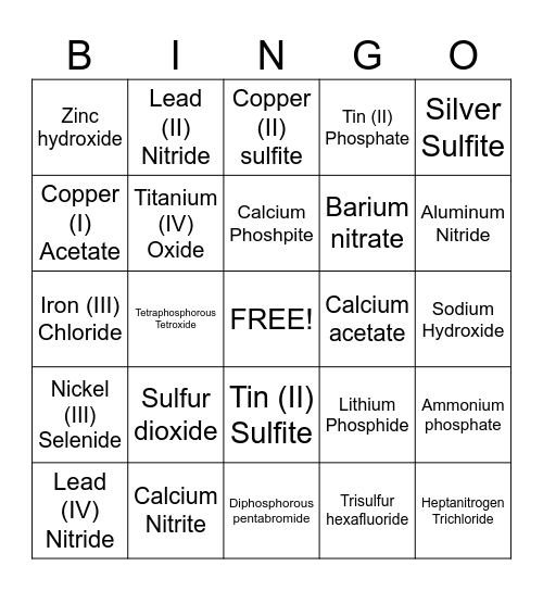 Nomenclature Bingo Card