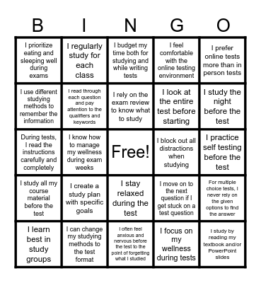 Studying and Test Prep. Bingo Card