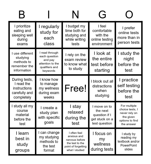 Studying and Test Prep. Bingo Card