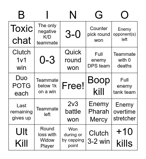 Overwatch 3v3 Bingo Card