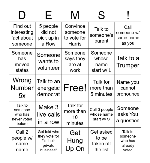 Phone Bank Bingo Card