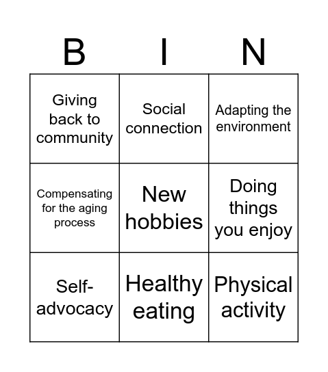 Healthy Lifestyle Bingo Card