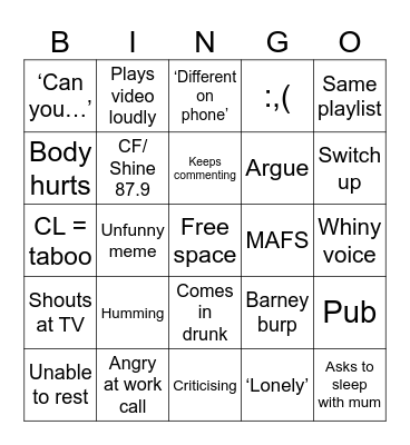 family bingo Card