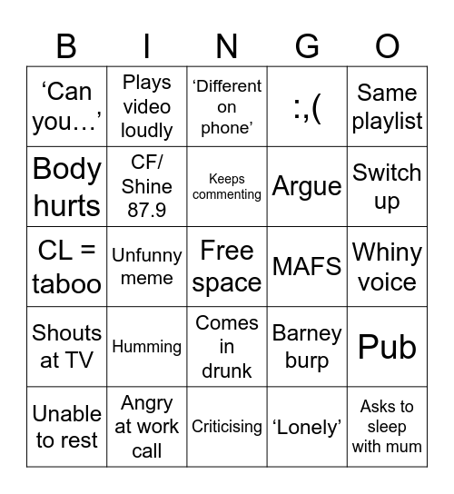 family bingo Card