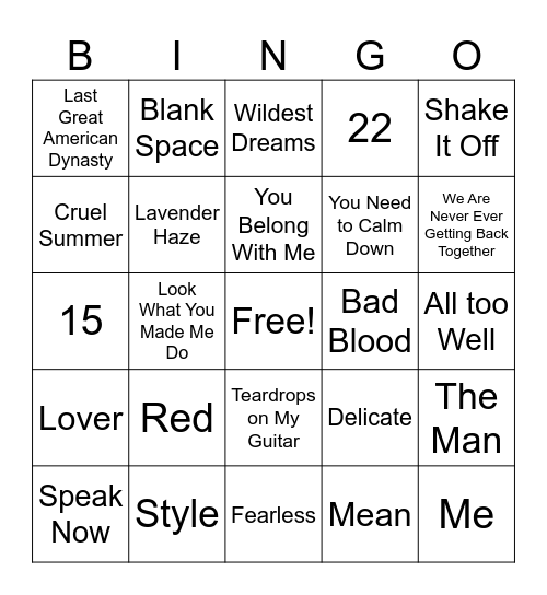 Taylor Swift Bingo Card