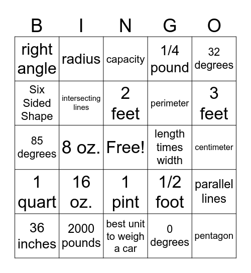 Math Bingo Card