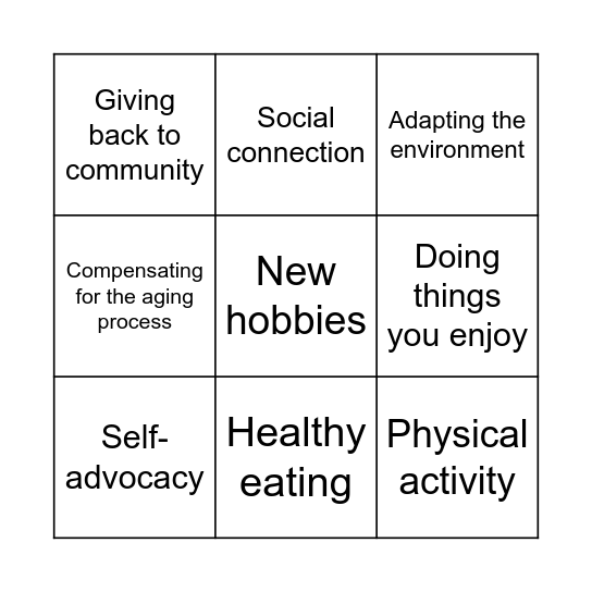 Healthy Lifestyle Bingo Card