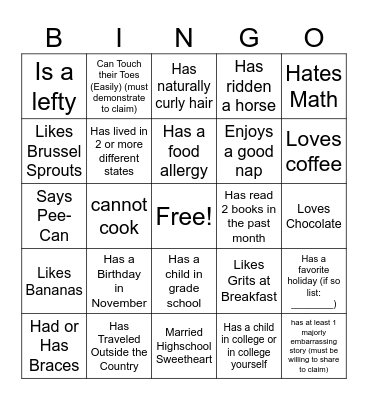 Getting To Know You! Bingo Card