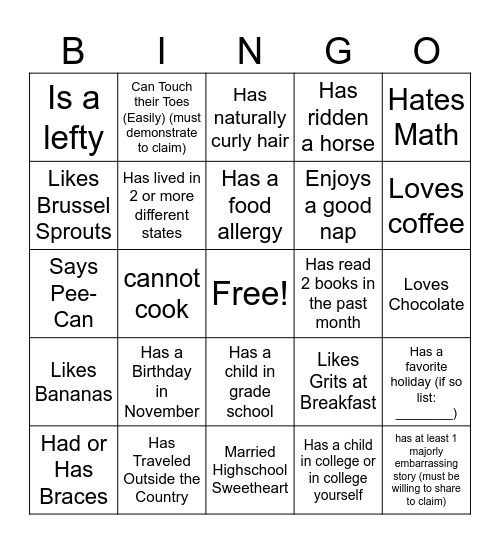 Getting To Know You! Bingo Card