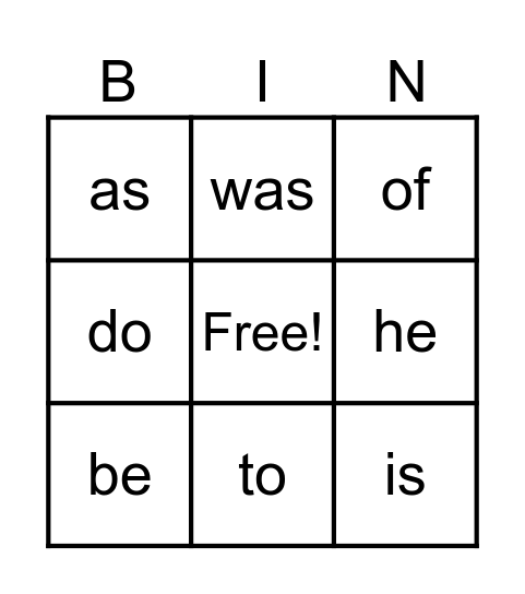 Heart Word Bingo Card