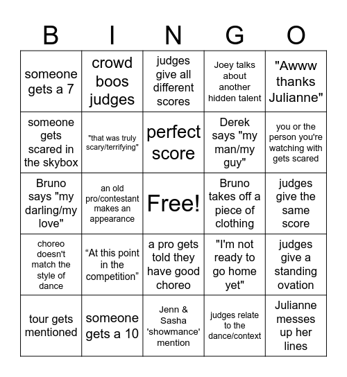 Halloween Night DWTS Bingo Card