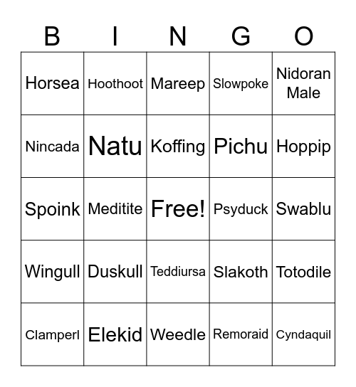 Shiny Pokemon Bingo Card