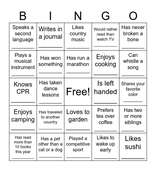 Getting to Know You! Bingo Card