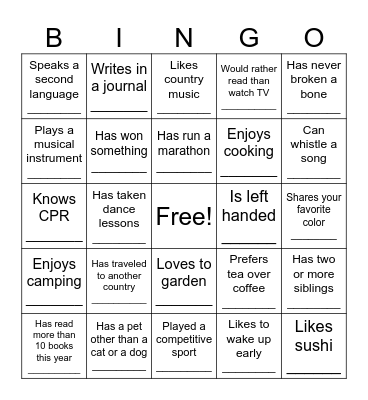 Getting to Know You! Bingo Card