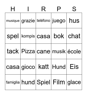 Hispaania, Itaalia, Rootsi, Prantuse, Saksa keel Bingo Card