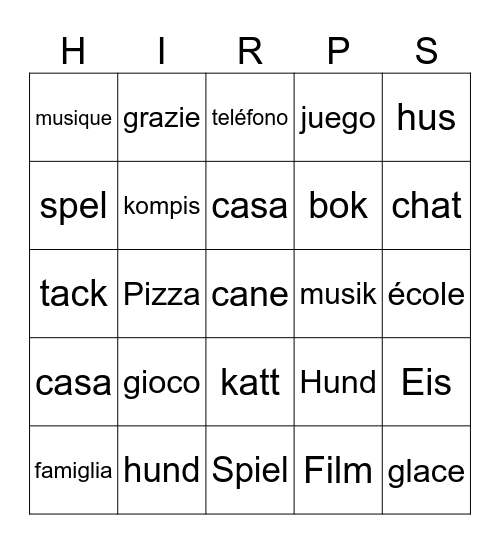 Hispaania, Itaalia, Rootsi, Prantuse, Saksa keel Bingo Card