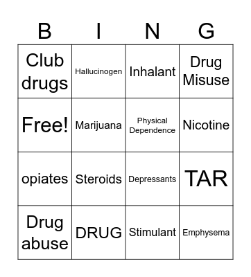 Substance Abuse Bingo Card